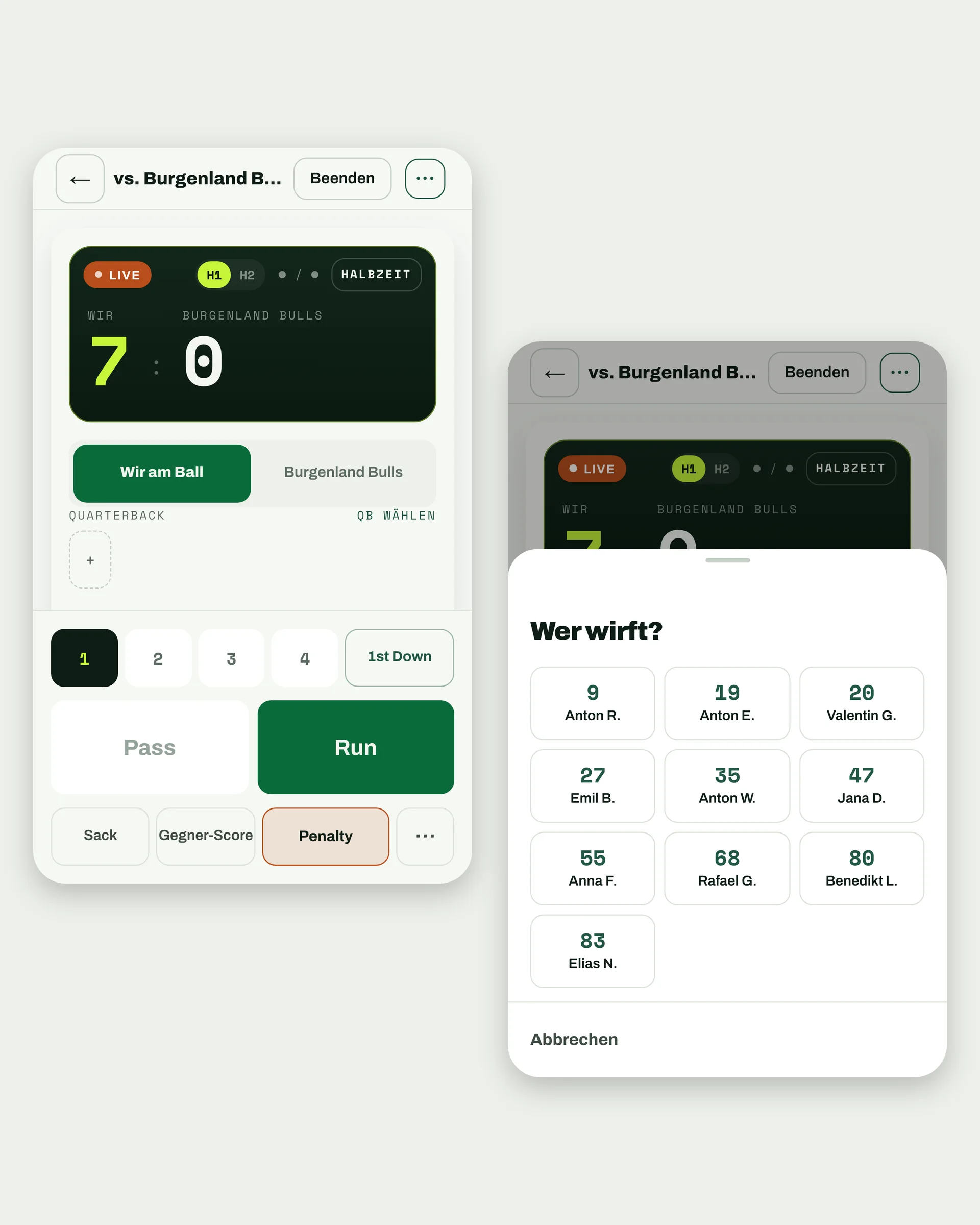 Erfassungsmaske von Sideline am Handy, laufendes Spiel der Vienna Jets gegen die Burgenland Bulls (7 : 0): links Spielstand mit Pass, Run und Penalty, rechts die Frage „Wer wirft?“ mit den Kindern zur Auswahl